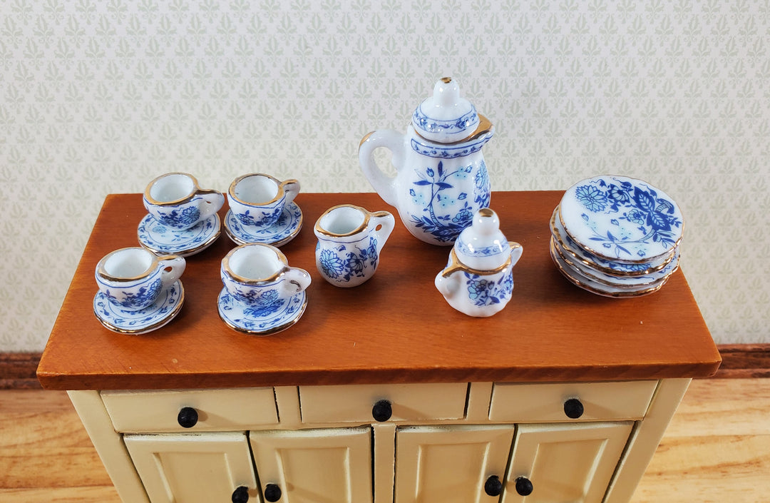 Dollhouse Coffee Set with Plates Blue White Floral Ceramic 1:12 Scale Miniature