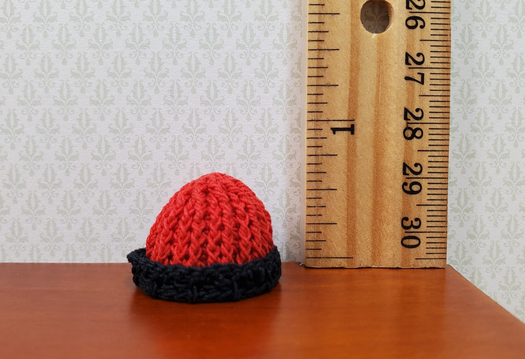 Dollhouse Crocheted Beanie Cap Hat Red and Black Wearable 1:12 Scale Miniature