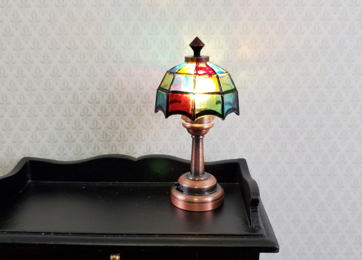 Dollhouse Miniature LED Battery Light Table Lamp Stained Glass Style Bronze Base 1:12 Scale