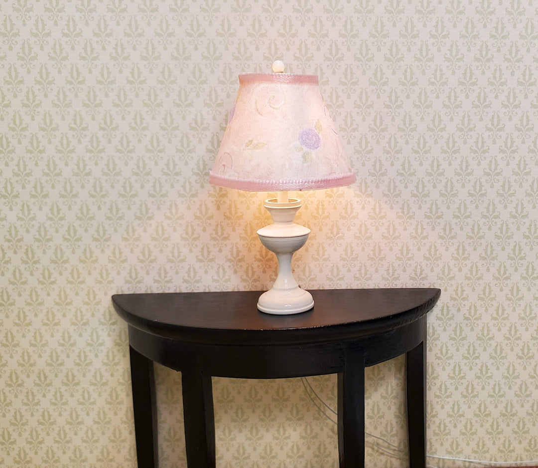 Dollhouse Nursery Table Lamp Pink Shade White Brass Base 12 Volt Wired 1:12