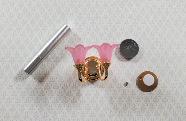 Dollhouse Wall Sconce Pink Flower Shades with Wand 1:12 Miniature Battery Lamp