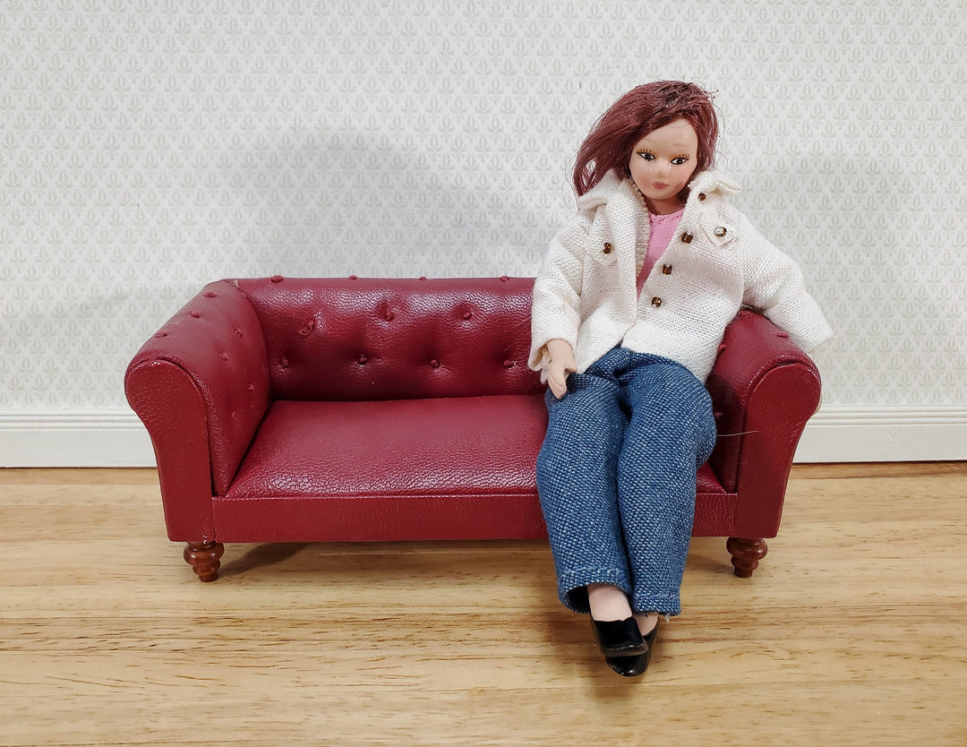 Dollhouse Sofa Couch Chesterfield Burgundy Faux Leather 1:12 Scale Miniature Furniture
