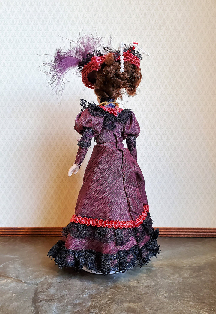 Dollhouse Victorian Doll Porcelain Fancy Maroon Dress and Hat 1:12 Scale Woman