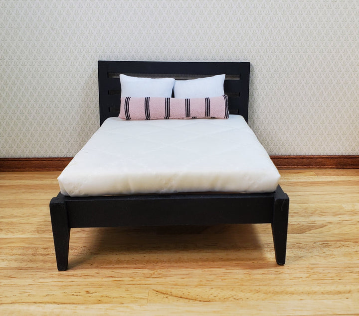 Dollhouse Double Bed Black Modern Style 1:12 Scale Miniature Wood Furniture