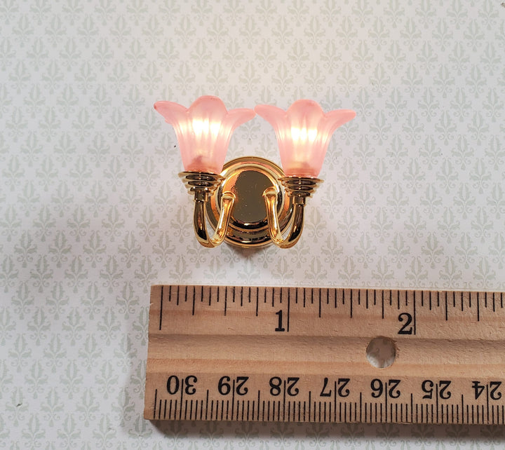 Dollhouse Wall Sconce Pink Flower Shades with Wand 1:12 Miniature Battery Lamp