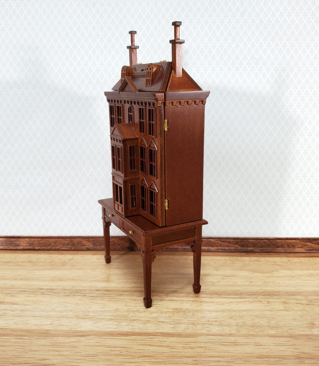 1:144 Scale Dollhouse with Table Walnut Finish 4 Level Front Opening by JBM