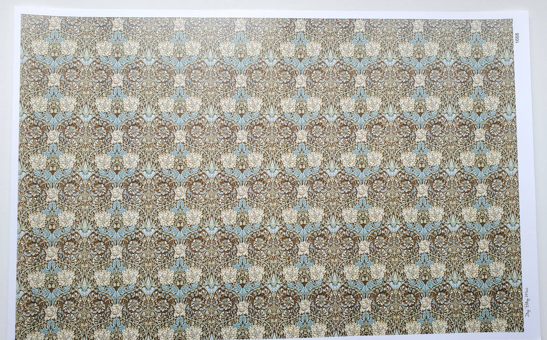 Dollhouse Wallpaper William Morris Art Nouveau Brown Teal Floral 1:12 Scale Itsy Bitsy