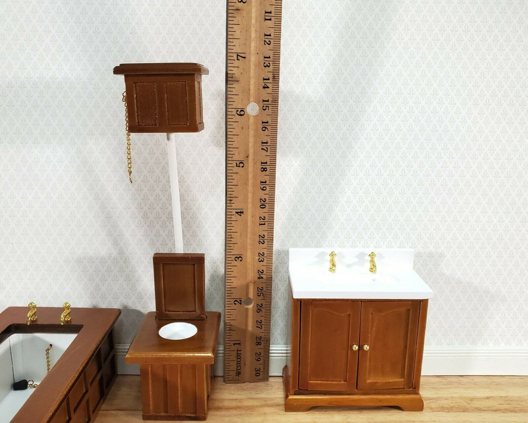 Dollhouse Bathroom Set Victorian Tub Toilet Sink Walnut Finish 1:12 Scale Miniature Furniture