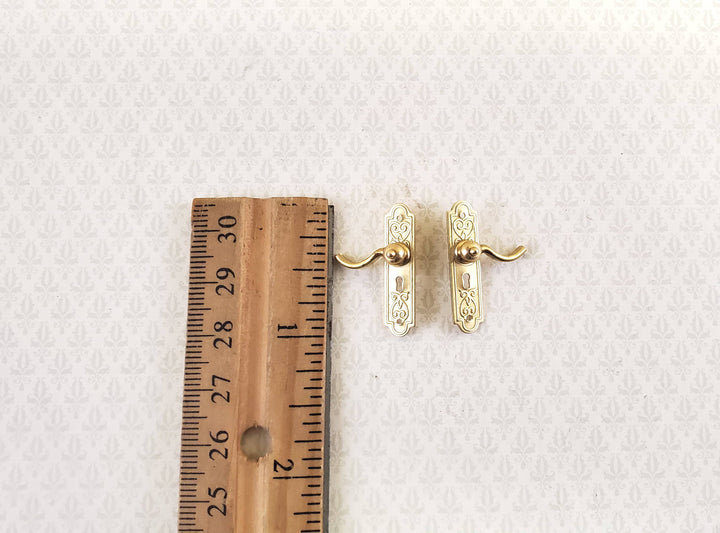 Dollhouse Door Handles with Fancy Plate x2 French Lever Style Gold 1:12 Scale