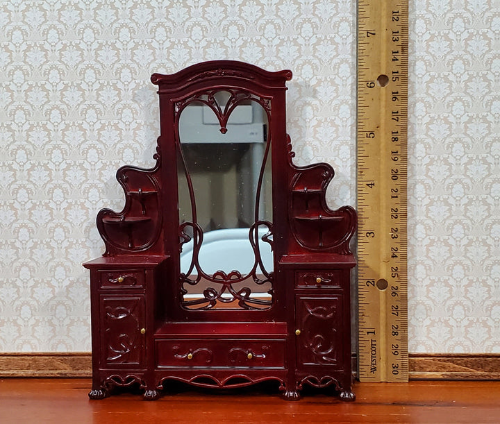 Dollhouse Dressing Table w/ Mirror Art Nouveau Style Mahogany Finish 1:12 Scale