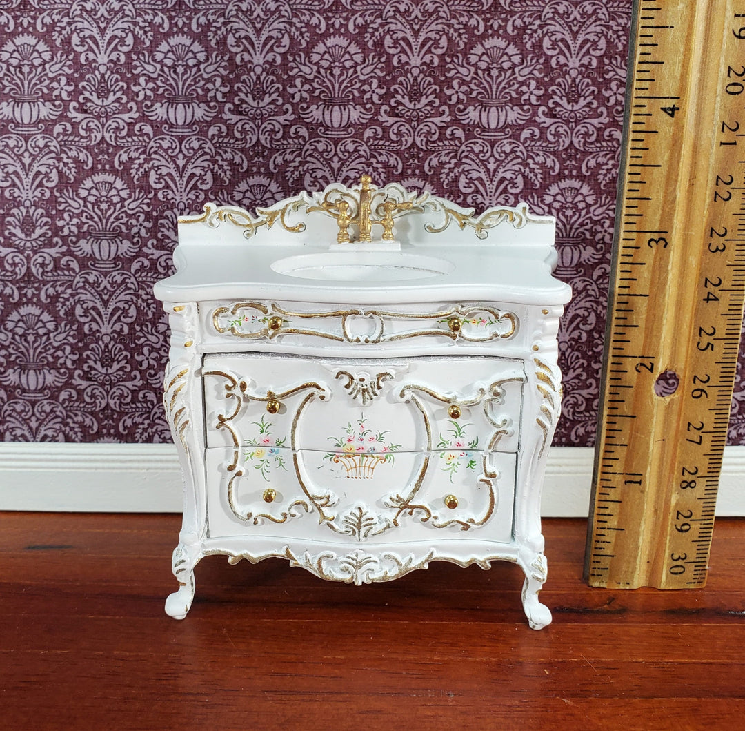 JBM Miniature Bathroom Sink White & Gold Baroque Style 1:12 Scale Dollhouse