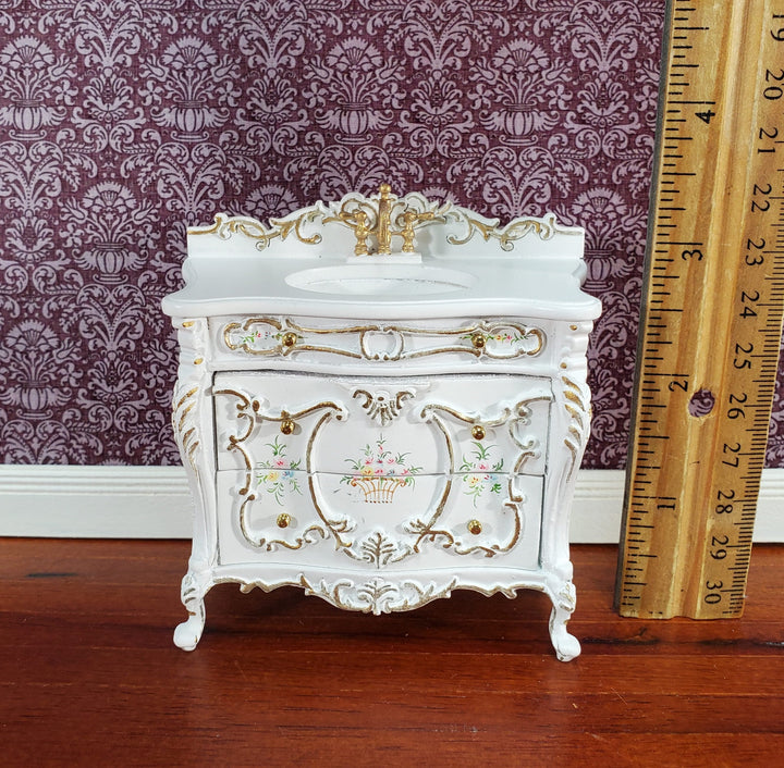 JBM Miniature Bathroom Sink White & Gold Baroque Style 1:12 Scale Dollhouse