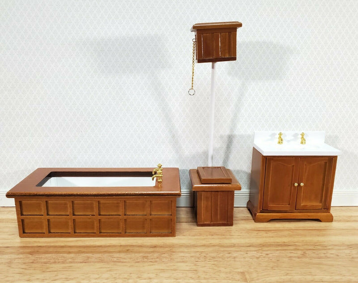 Dollhouse Bathroom Set Victorian Tub Toilet Sink Walnut Finish 1:12 Scale Miniature Furniture
