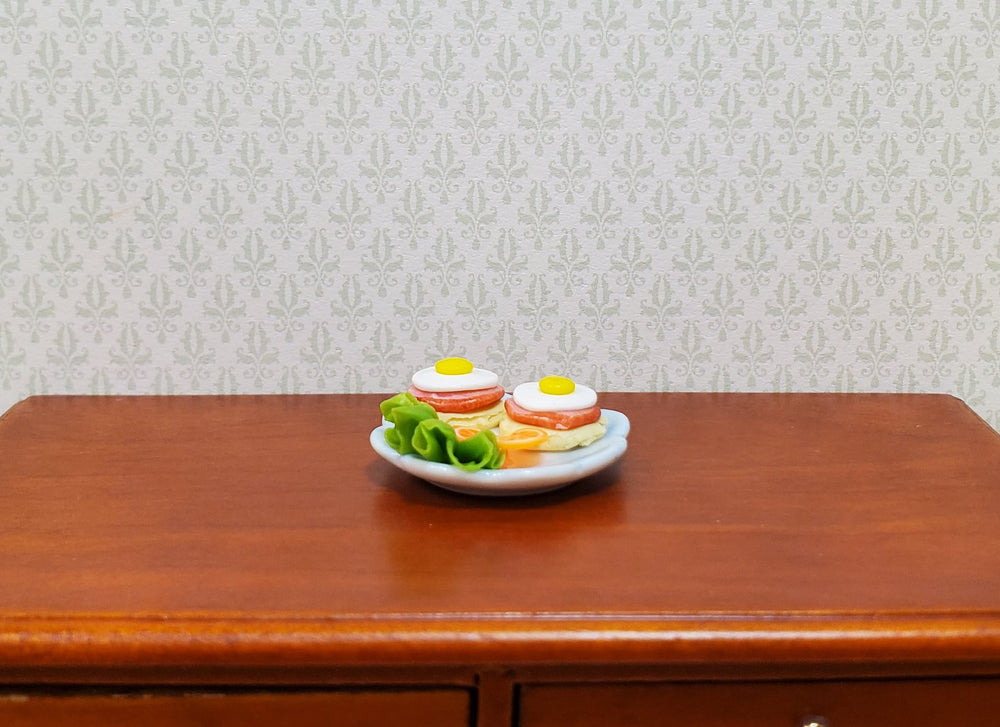 Dollhouse Fried Eggs on Ham & Muffin on a Ceramic Plate 1:12 Scale Miniature