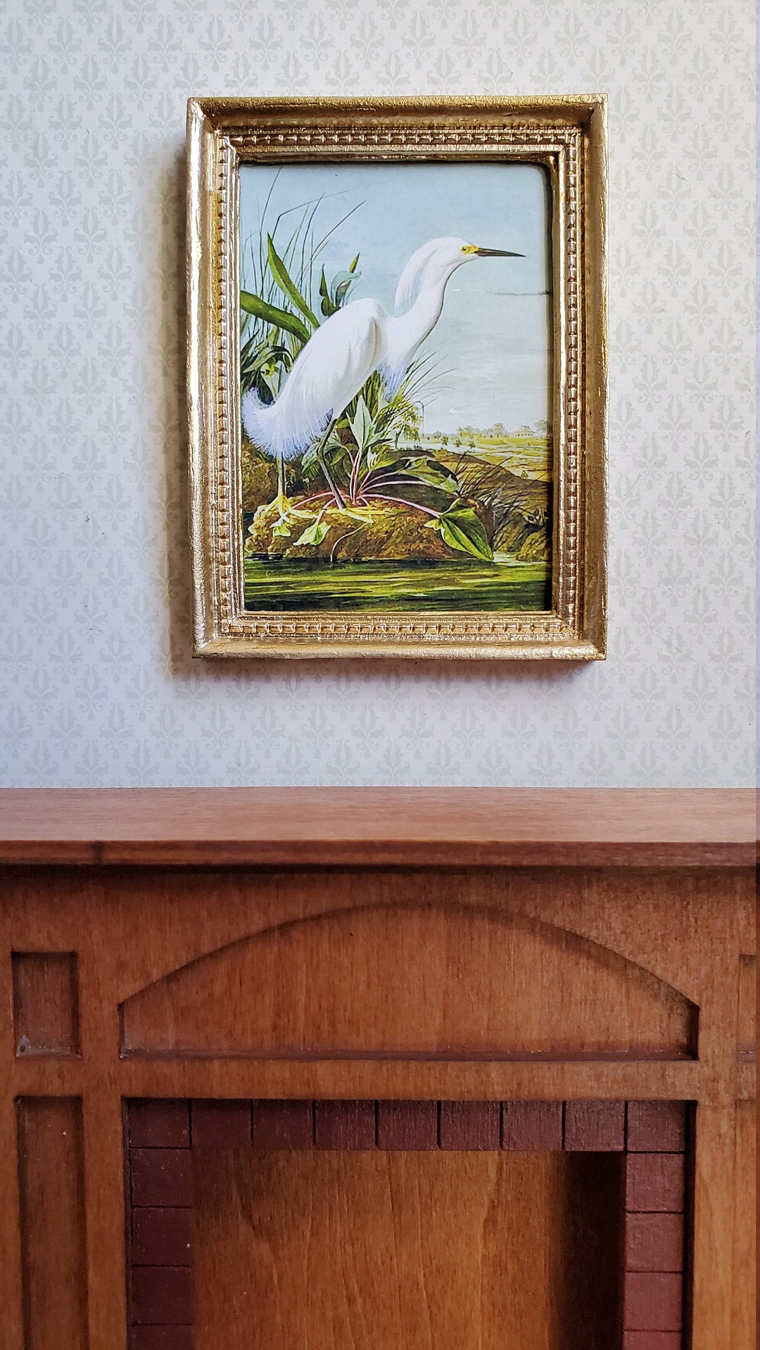 Dollhouse Miniature Egret White Print John James Audubon 1:12 Scale Gold Frame