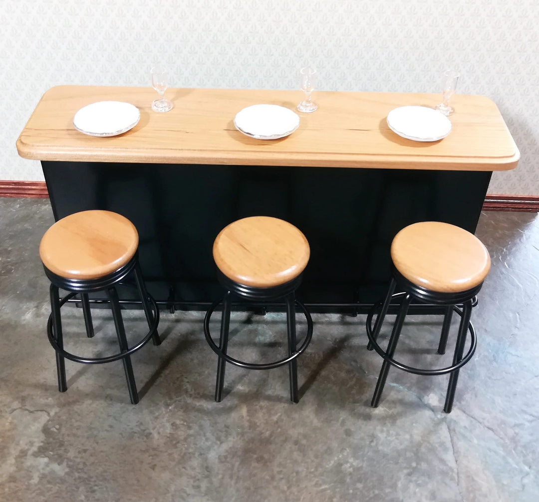 Dollhouse Miniature Bar Counter 3 Stools Black Metal & Oak Wood 1:12 Scale Large