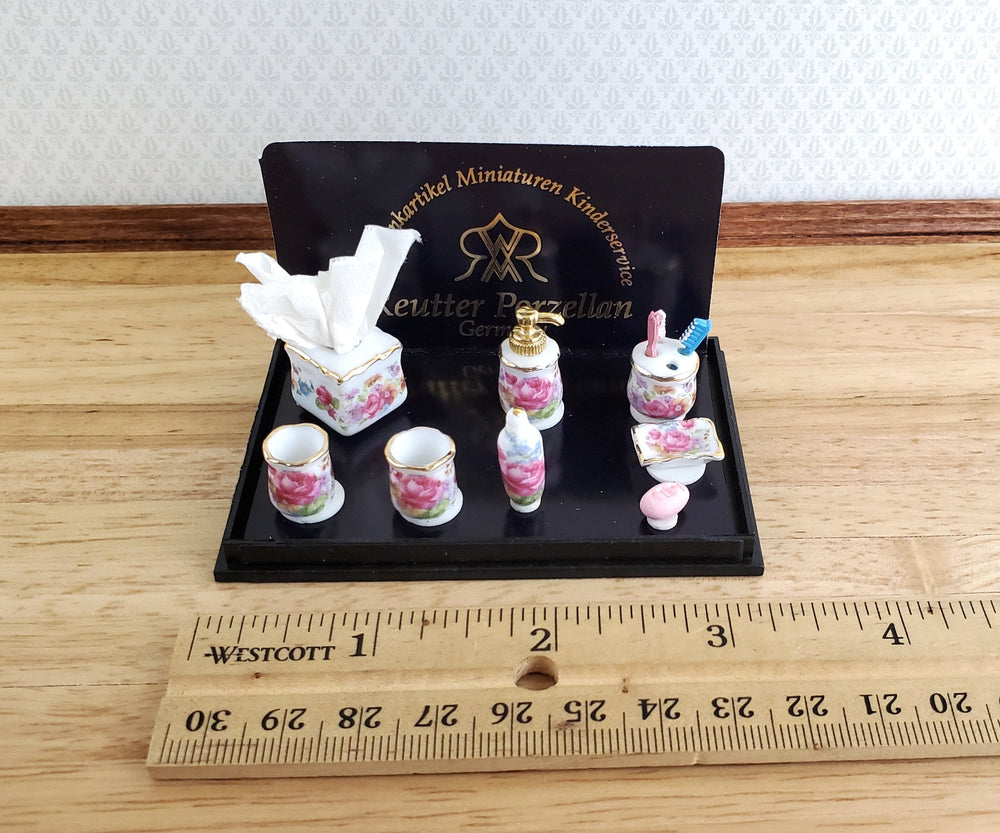 Dollhouse Dresden Rose Bathroom Set Soap Dish Tissue Lotion Dispenser by Reutter Porcelain 1:12 Scale