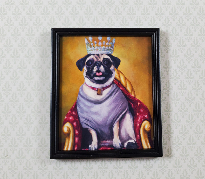 Miniature King Pug Dog with Crown Print Black Frame 1:12 Scale Dollhouse Modern Fun