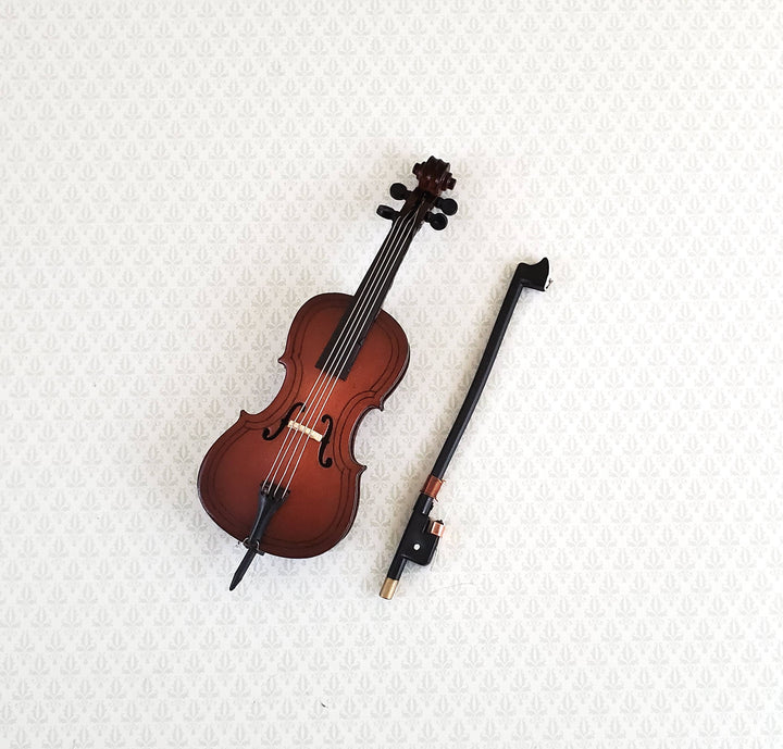 Dollhouse Miniature Cello and Bow Wood 4 1/2" 1:12 Scale Instrument