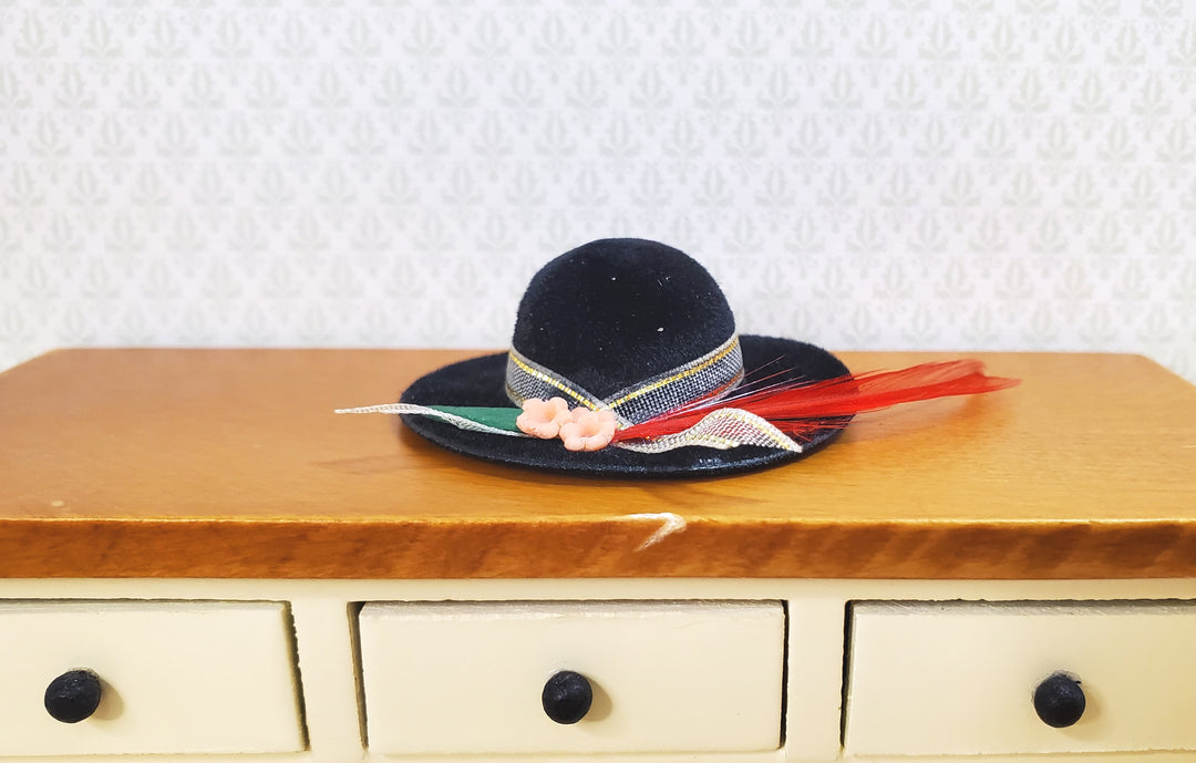 Dollhouse Black Velvet Hat with Feather & Flowers Wearable 1:12 Scale Miniature