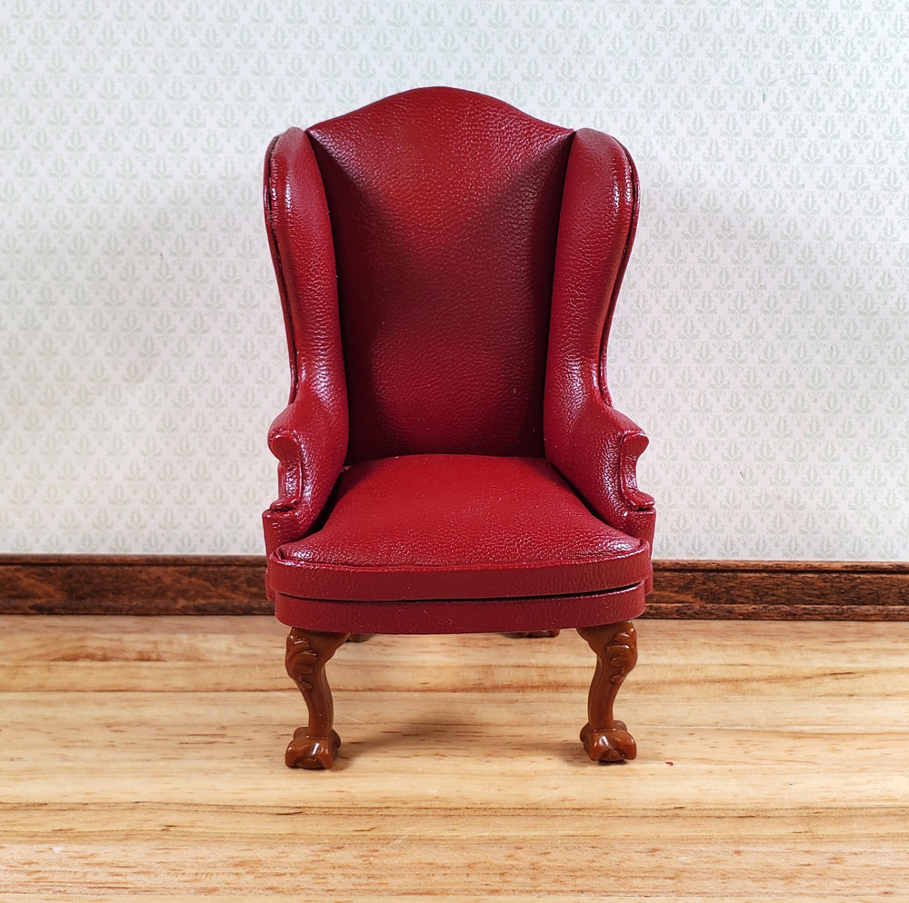 Dollhouse Miniature Wing Back Arm Chair Dark Red 1:12 Scale Furniture Faux Leather