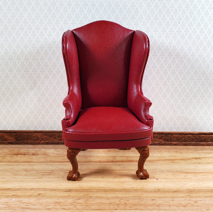 Dollhouse Miniature Wing Back Arm Chair Dark Red 1:12 Scale Furniture Faux Leather