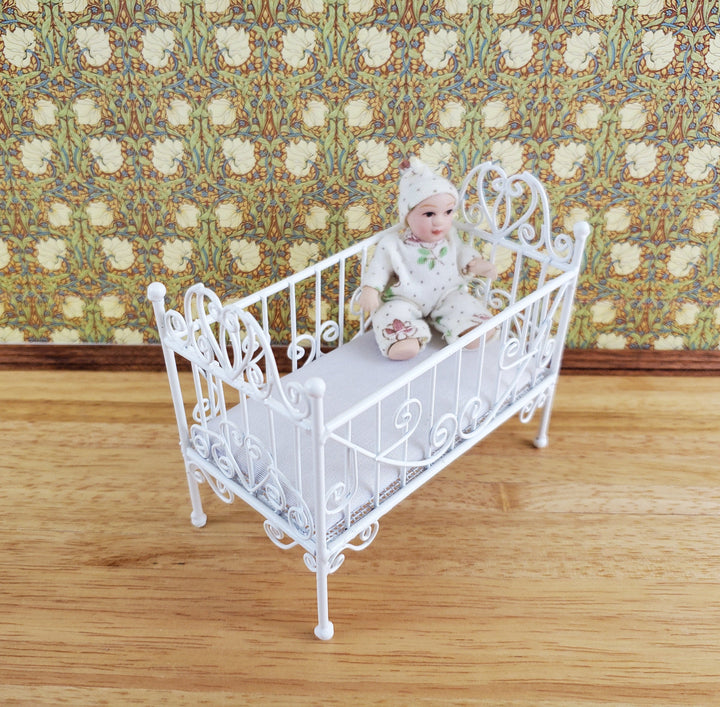Dollhouse Crib White Metal Wire 1:12 Scale Nursery Miniature Furniture