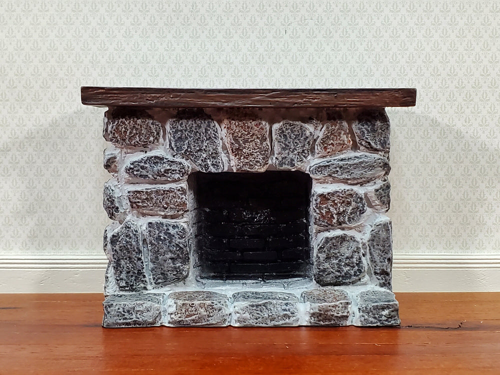 Dollhouse Fireplace with Mantel Gray Stone Fieldstone 1:12 Scale Miniature Furniture