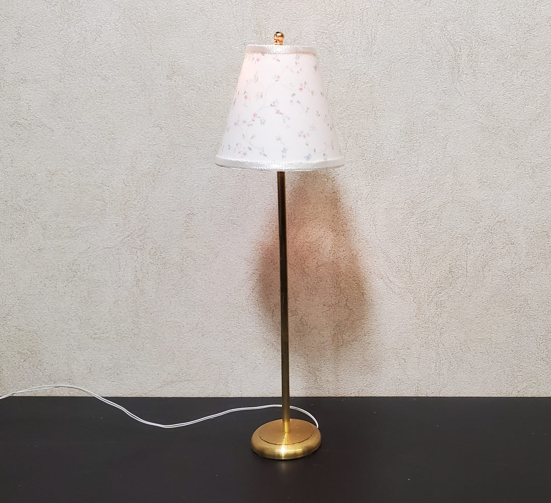 Dollhouse Brass Floor Lamp Delicate Floral Themed Shade 12 Volt Wired 1:12 Scale