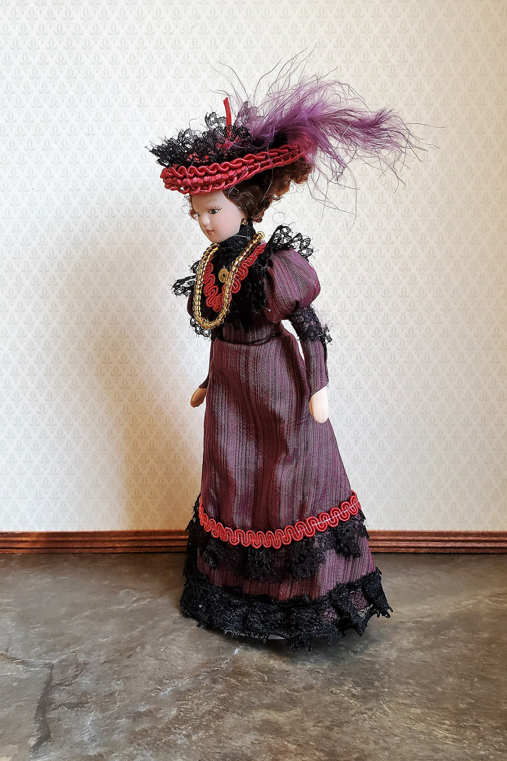 Dollhouse Victorian Doll Porcelain Fancy Maroon Dress and Hat 1:12 Scale Woman