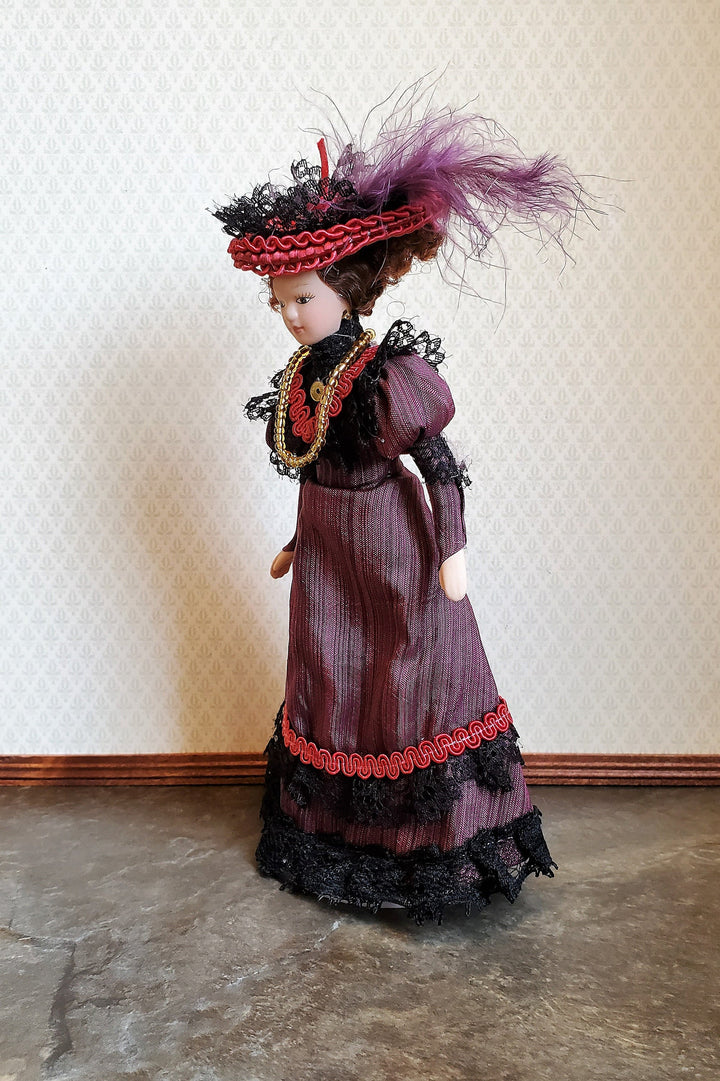 Dollhouse Victorian Doll Porcelain Fancy Maroon Dress and Hat 1:12 Scale Woman
