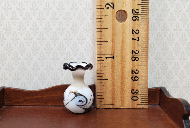 Dollhouse Glass Vase White with Black Swirls Handmade 1:12 Scale Miniature