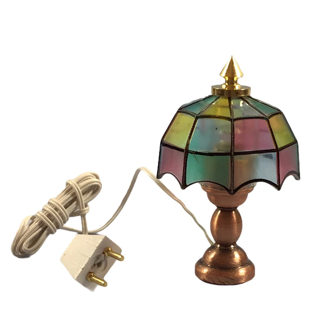Dollhouse Miniature Table Lamp Stained Glass Style 12 Volt w/Plug 1:12 Scale
