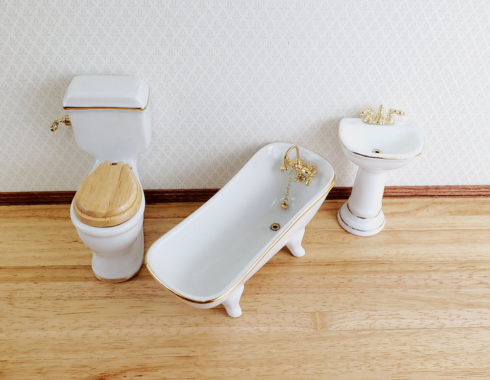 Dollhouse Bathroom Set Reutter Porcelain Tub Toilet Sink White & Gold 1:12 Scale Miniatures