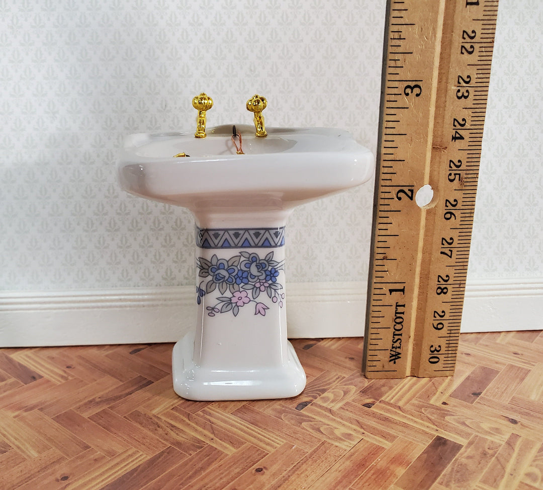 Dollhouse Bathroom Set White & Blue Ceramic Tub Toilet Sink 1:12 Scale Miniature