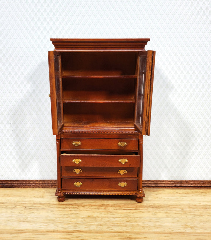 Dollhouse Tall Display Cabinet Hutch with Drawers Walnut Finish 1:12 Scale Furniture