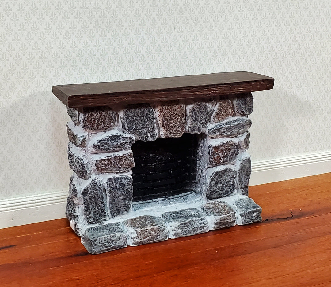 Dollhouse Fireplace with Mantel Gray Stone Fieldstone 1:12 Scale Miniature Furniture