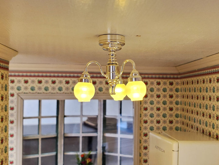 Dollhouse Chandelier Ceiling Wand Light Battery Operated 3 Arm Silver 1:12 Scale