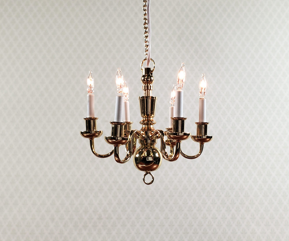 Dollhouse Brass Chandelier 6 Arm 12 Volt Electric 1:12 Scale Miniature
