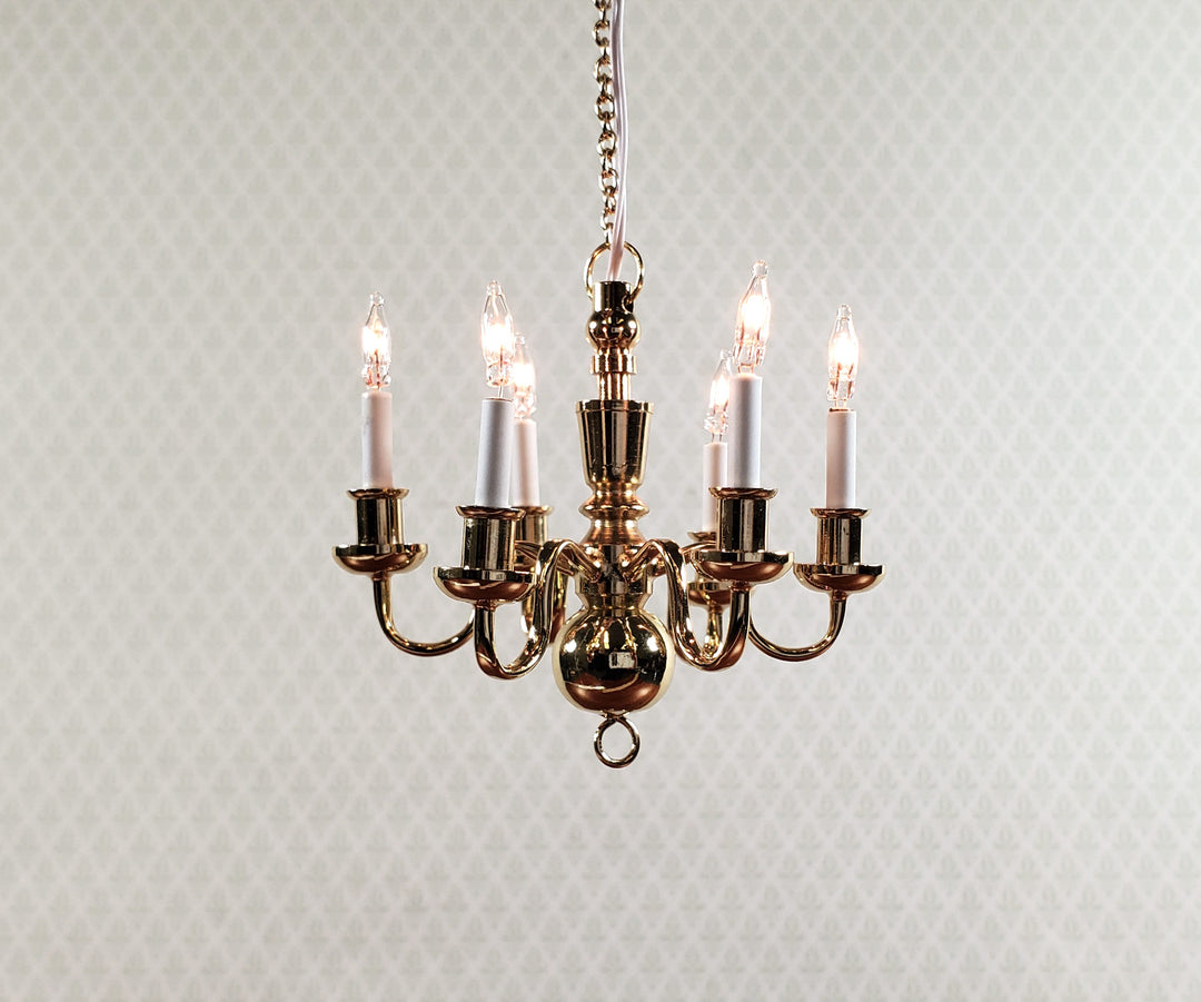 Dollhouse Brass Chandelier 6 Arm 12 Volt Electric 1:12 Scale Miniature