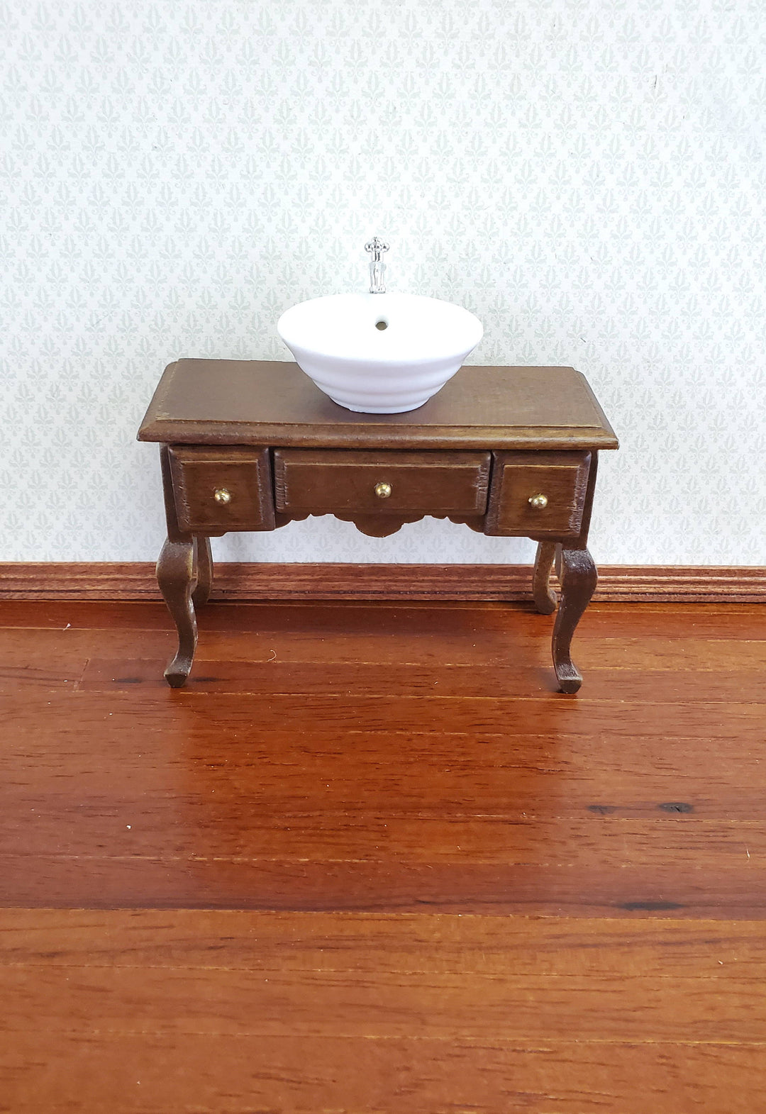 Dollhouse Miniature Vanity Table with Drawers Wood Walnut Finish 1:12 Scale Furniture