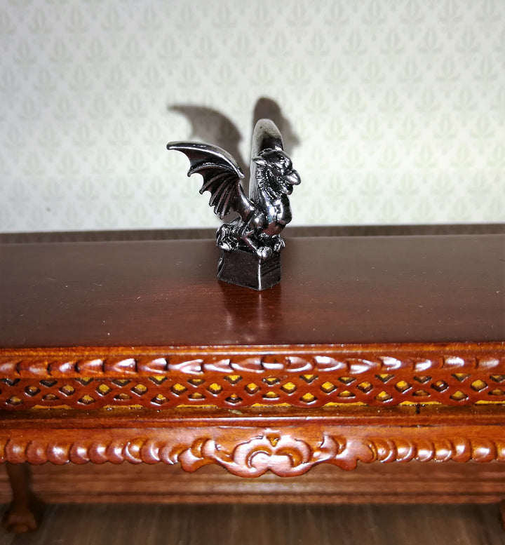 Miniature Dragon Statue Silver Metal 1:12 Scale Dollhouse 7/8" Tall Detailed