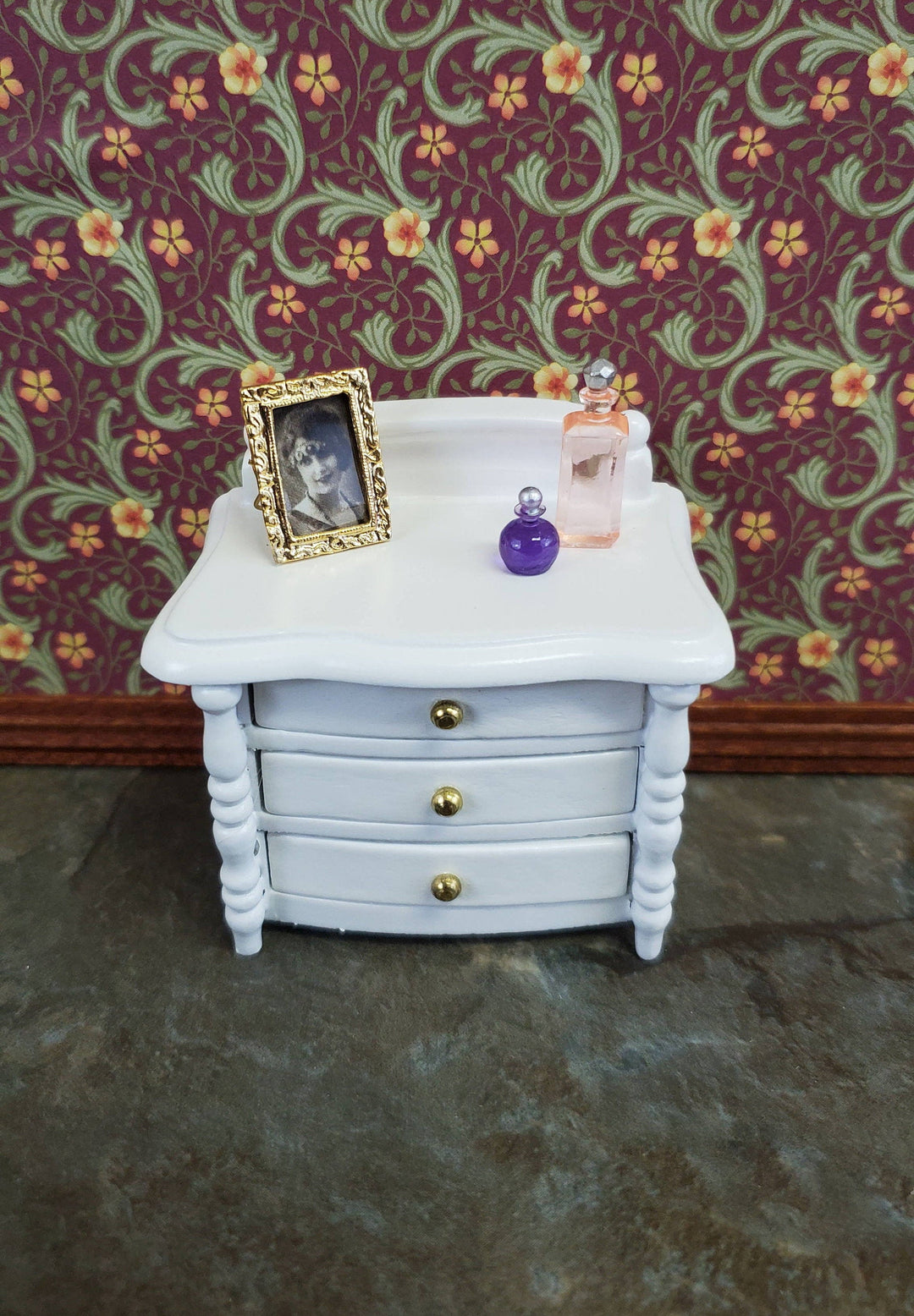 Dollhouse Miniature Night Stand Side Table 3 Drawers 1:12 Scale White Wood