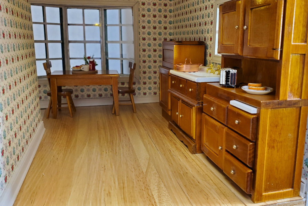 Dollhouse Kitchen Set Sink Fridge Table Chair 1:12 Scale Furniture Walnut Finish