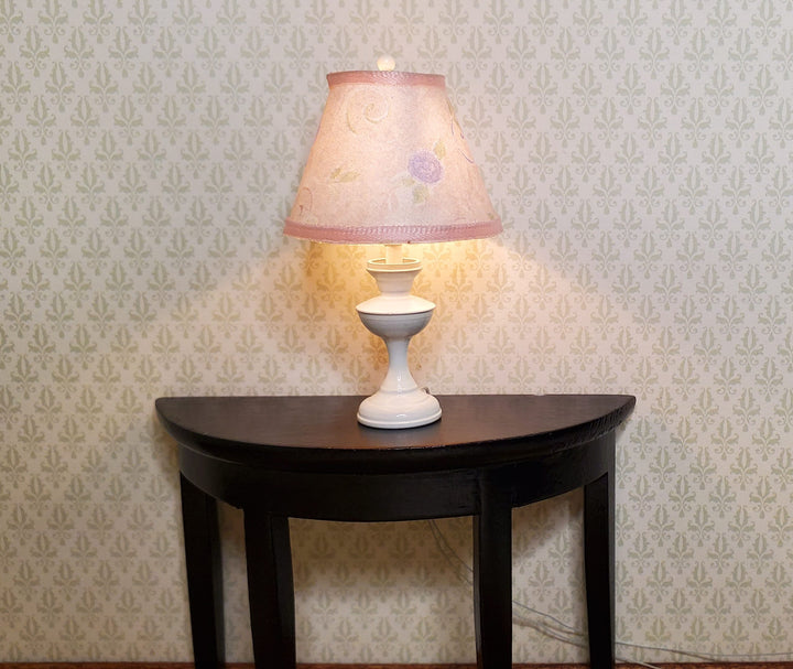 Dollhouse Nursery Table Lamp Pink Shade White Brass Base 12 Volt Wired 1:12