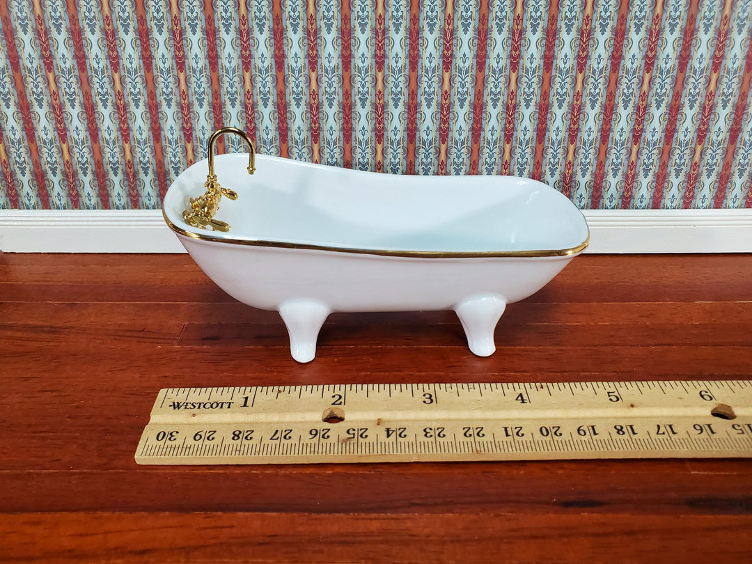 Dollhouse Bathtub Tub Reutter Porcelain White & Gold 1:12 Scale Miniature Bathroom