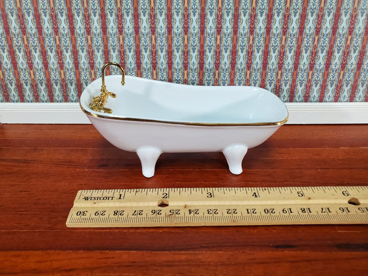 Dollhouse Bathtub Tub Reutter Porcelain White & Gold 1:12 Scale Miniature Bathroom