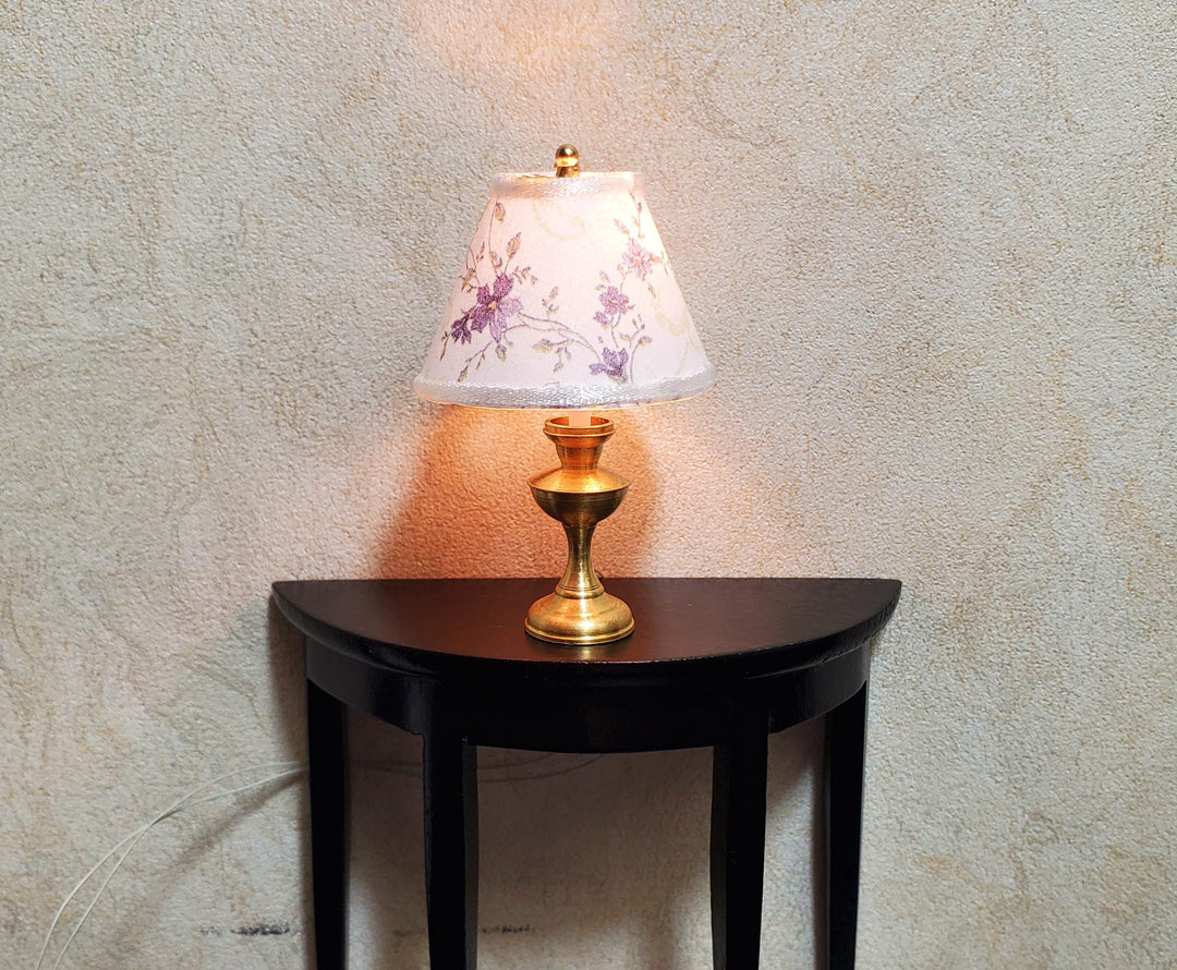 Dollhouse Table Lamp Purple Floral Shade Brass Base 12 Volt Wired 1:12 Scale