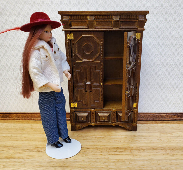 JBM Dollhouse Wardrobe Closet French Louis XIII Style Walnut Finish 1:12 Scale Miniature Furniture