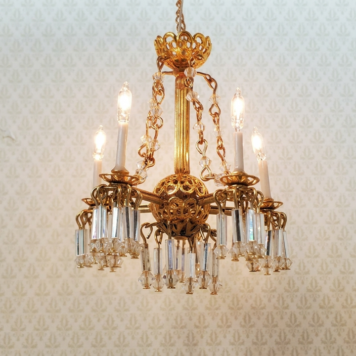 Dollhouse 5 Arm Crystal Chandelier with Chains Handmade 12 Volt 1:12 Scale